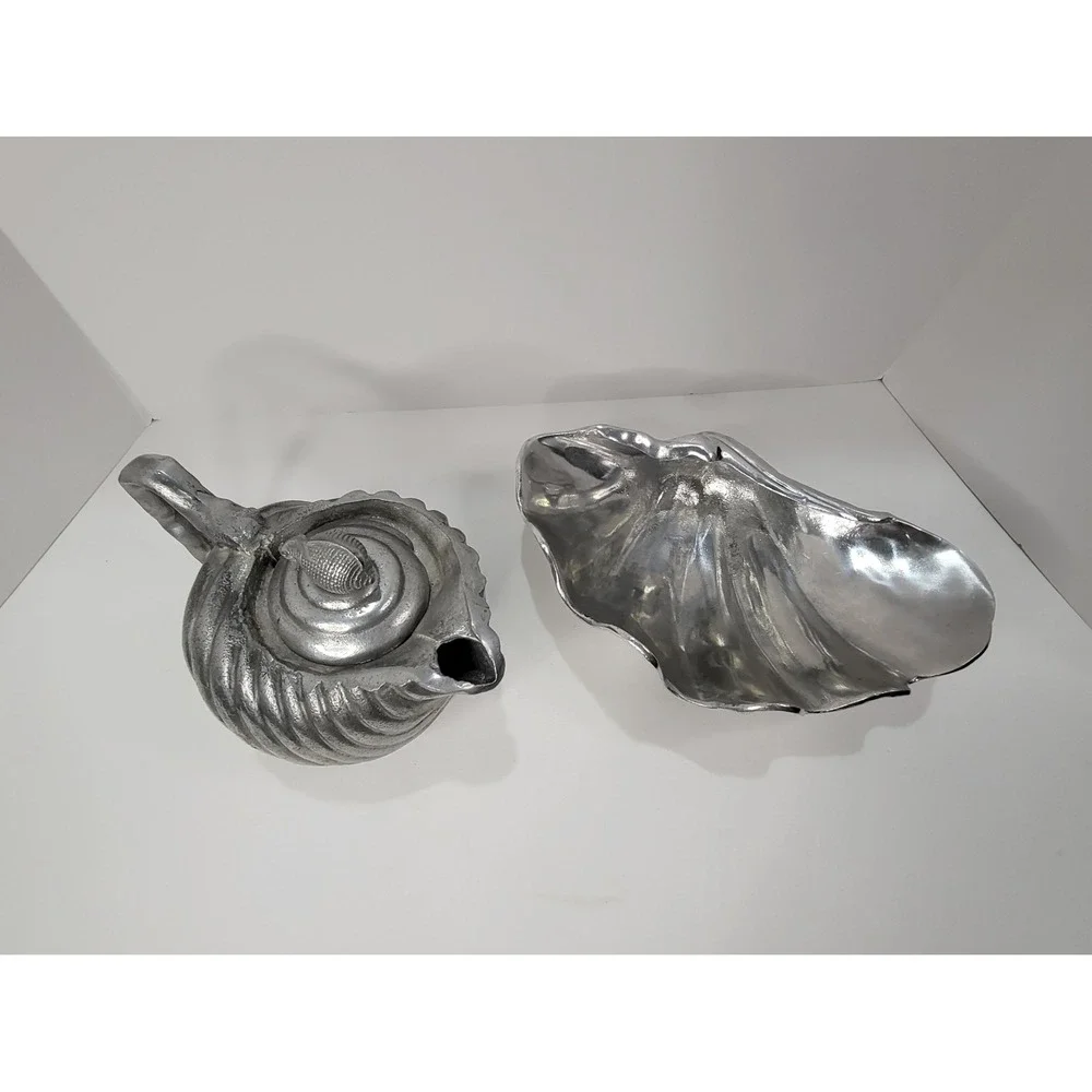 Vintage 1976 Arthur Court Cast Aluminum Clam and Nauticle Tea Pot Set
